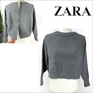 ZARA Womens Small Viscose Knit Crop Gray Sweater Zip In Back